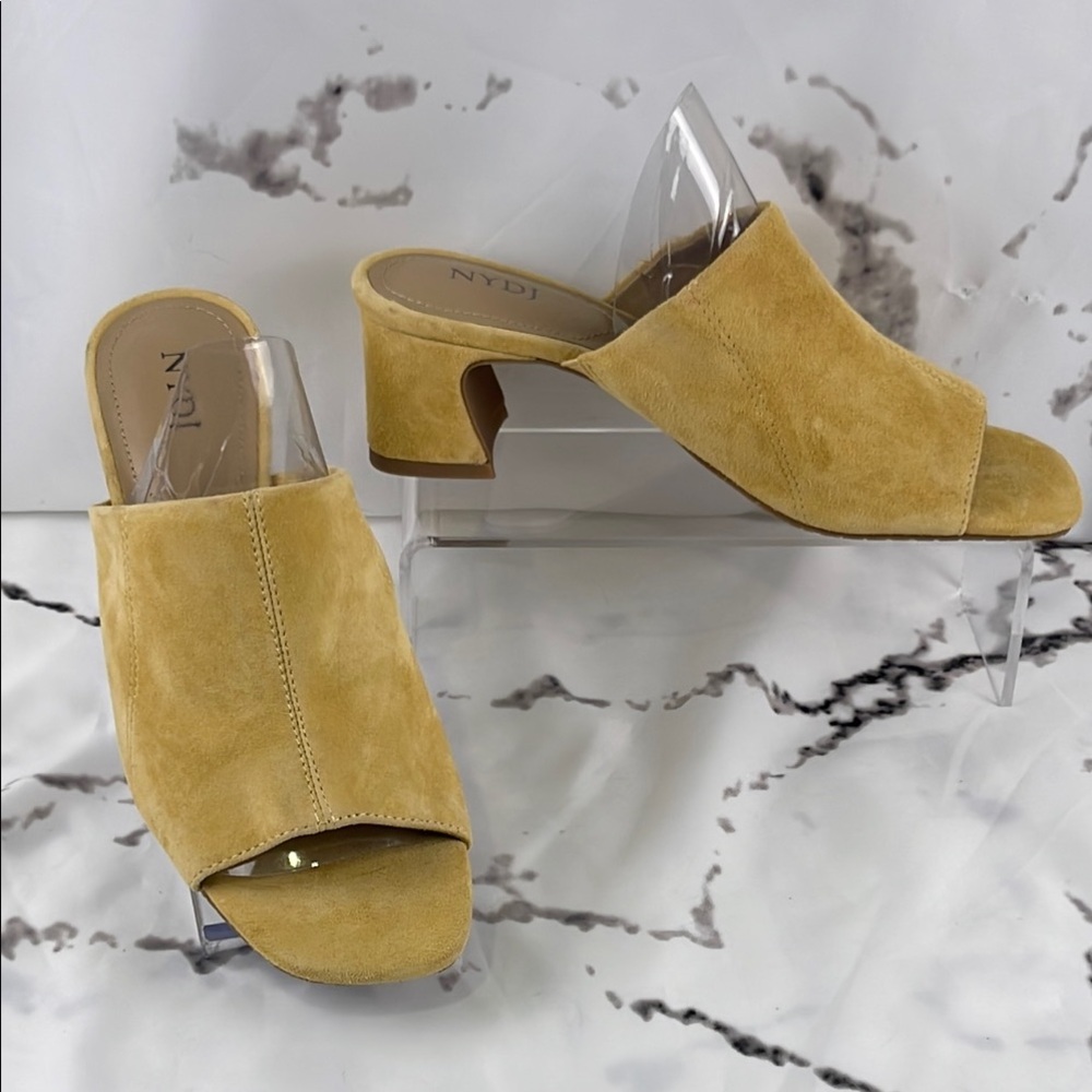 NYDJ Gwen Suede Mules Sandals Block Heel Mustard Rubber Sole Slip-On Open Toe